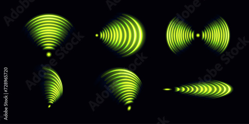 Wi-Fi light effect, green glowing signal sensor waves internet wireless connection. Wireless technology digital radar or sonar with glowing light effect. Vector