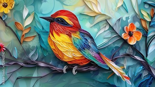 An image of colorful bird quilling on a branch, in the style of layered and complex compositions © Huong