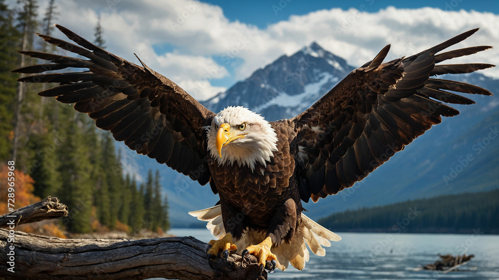 Majestic descent of a bald eagle as it gracefully lands on a sturdy branch overlooking a pristine mountain lake and the intensity of the moment and the keen focus in its piercing eyes Majestic descent of a bald eagle as it gracefully lands on a sturdy branch overlooking a pristine mountain lake and the intensity of the moment and the keen focus in its piercing eyes