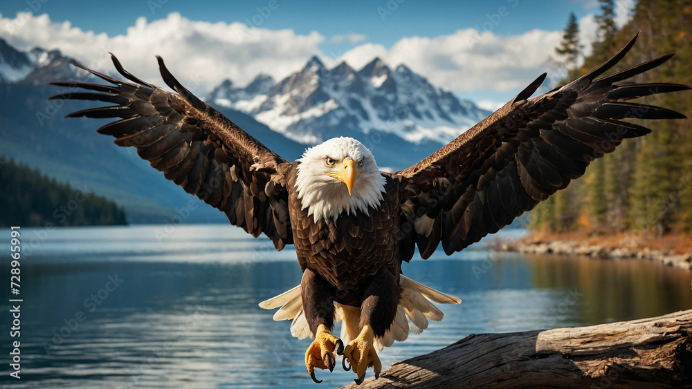 Majestic descent of a bald eagle as it gracefully lands on a sturdy branch overlooking a pristine mountain lake and the intensity of the moment and the keen focus in its piercing eyes Majestic descent of a bald eagle as it gracefully lands on a sturdy branch overlooking a pristine mountain lake and the intensity of the moment and the keen focus in its piercing eyes