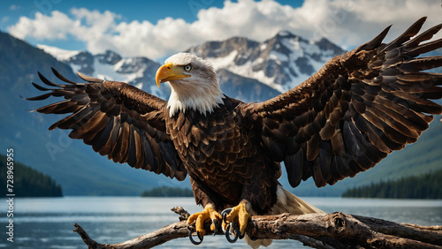 Majestic descent of a bald eagle as it gracefully lands on a sturdy branch overlooking a pristine mountain lake and the intensity of the moment and the keen focus in its piercing eyes