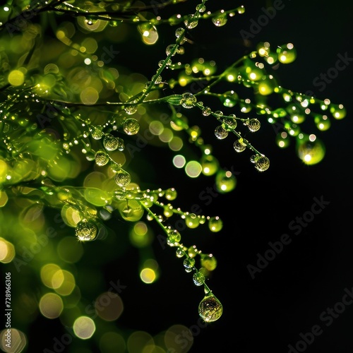 Lush fresh leaves and flowers with splash of exotic dew produce positive natural energy on black background, great for websites, blogs, advertising, business. Generative Ai