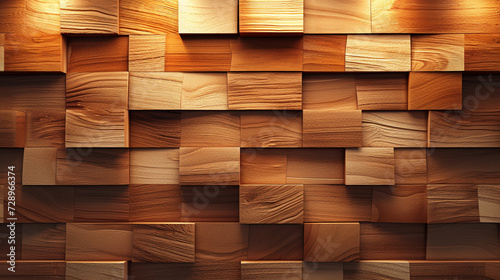 Fototapeta Naklejka Na Ścianę i Meble -  “A Textured Wooden Mosaic Wall in Warm Hues, Ideal for Contemporary Interior Design and Architecture Visualizations.”