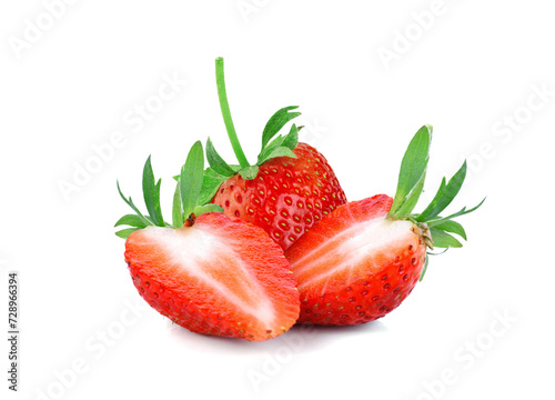 Strawberry berry fruit with cut in half slice isolated on white background