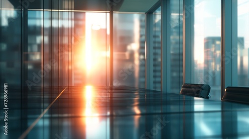 Modern Office at Dusk with Reflective Flooring and Cityscape View
