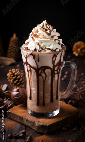 Milkshake with syrup, cream liqueur and chocolate powder on brown background