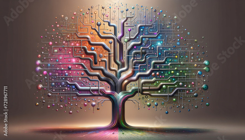 Abstract Metallic Decision Tree with Retro Digital Motifs on Gradient Background