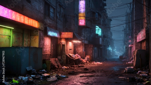 Slum Ghetto Neighborhood Dirty Night Neon Lights 