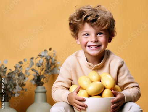 Easter Joy: Happy Child with Easter Basket and Colorful Eggs Against Light Yellow Background