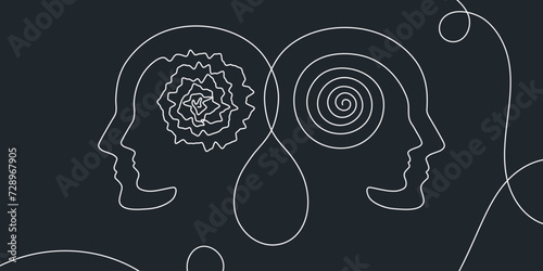 Metaphor bipolar disorder, Double face, Split personality, Parkinson, Psychology, Dual personality Mental health concept continuous one line drawing vector. 
