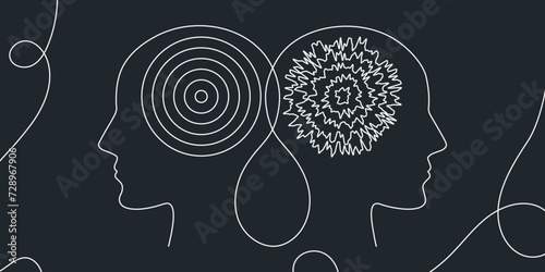 Metaphor bipolar disorder, Double face, Split personality, Parkinson, Psychology, Dual personality Mental health concept continuous one line drawing vector. 