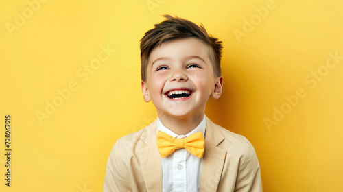 Joyful Easter Celebrations: Smiling Boy Delighted on a Soft Yellow Backdrop with Copious Room for Text Overlay