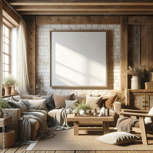 Sunlit Natural Textured Living Room with Large Picture Frame, Comfortable Cushioned Sofa, and Rustic Wooden Elements - Perfect Blend of Modern and Country Style Interior Design