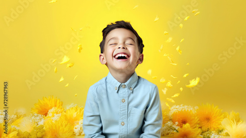 Vivid Easter Delight: Cheerful Young Boy Embracing the Holiday Spirit Against a Mellow Yellow Surface with Plenty of Empty Area for Design Elements