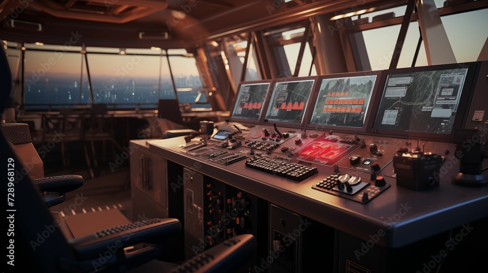 View of the control console on the navigation bridge of a cargo container ship. generative ai