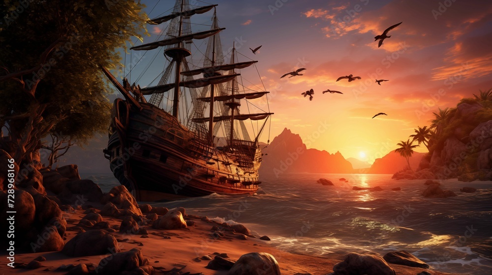 Naklejka premium pirate ship stranded on an island with a sunset background. generative ai