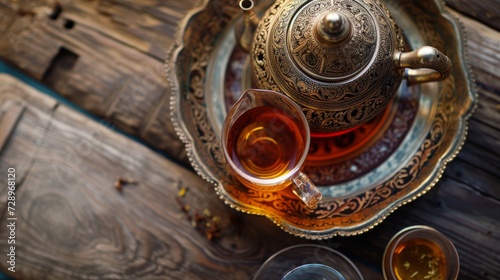 beautifully ornate teapot and cup of tea on a rustic wooden table