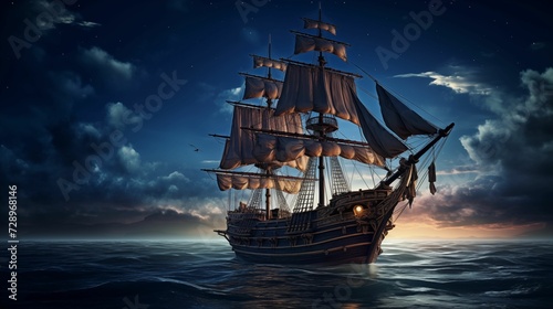 pirate ship walking in the middle of the sea at night with bright moonlight. generative ai