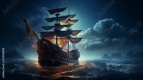 pirate ship walking in the middle of the sea at night with bright moonlight. generative ai