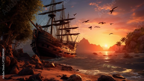 pirate ship stranded on an island with a sunset background. generative ai photo