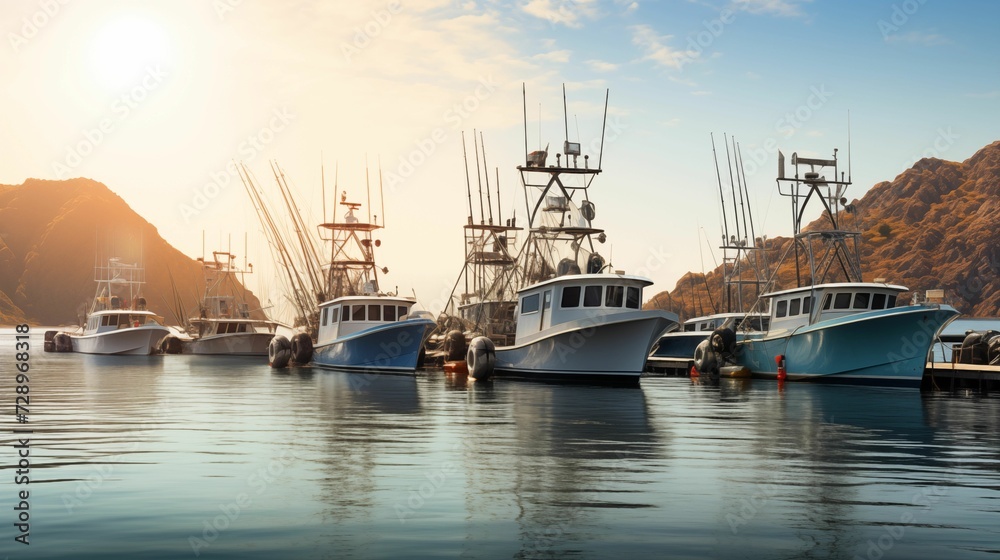 Beautiful view of sport fishing boats on the water's edge. generative ai