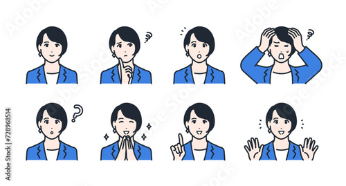 スーツを着た若い女性の表情アイコンイラストセット素材
