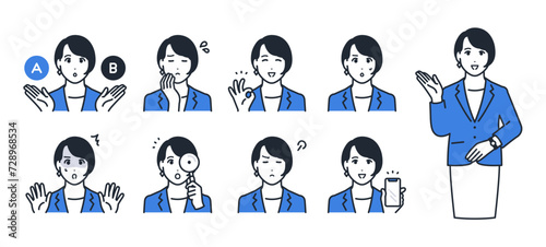 スーツを着た若い女性のシンプルなベクターアイコンイラストセット素材