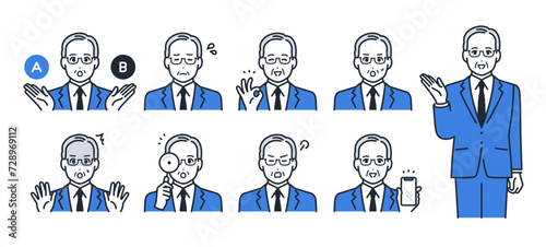 スーツを着たシニア男性のシンプルなベクターアイコンイラストセット素材