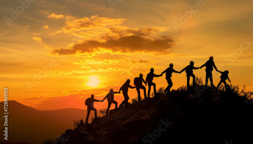 Silhouette of a Team on Mountain Top at Sunset