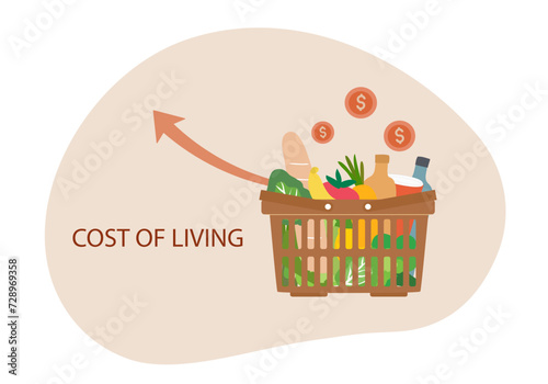 Grocery basket with high graph. Cost of living, growth of grocery price, economic inflation vector illustration