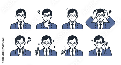 スーツを着たミドル男性の表情アイコンイラストセット素材