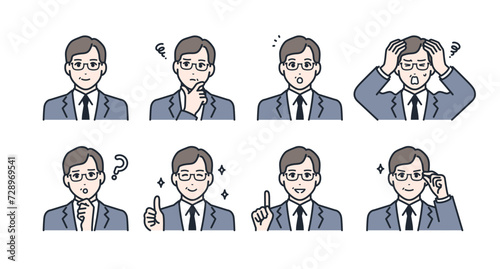 スーツを着たミドル男性の表情アイコンイラストセット素材