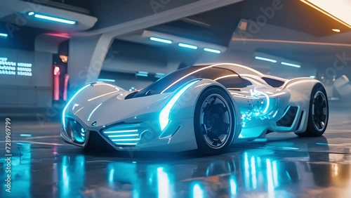 A sleek white concept car with integrated neon lights in the wheels creating a mesmerizing visual effect while the car is in motion. photo