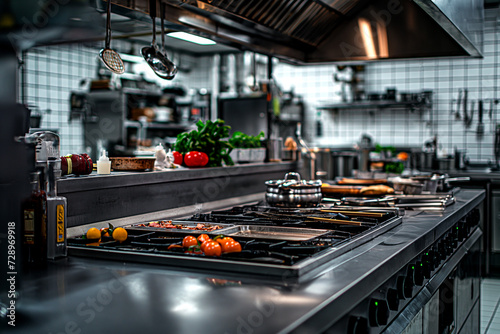 A restaurant kitchen with complete cooking equipment