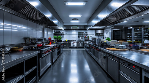 A restaurant kitchen with complete cooking equipment photo