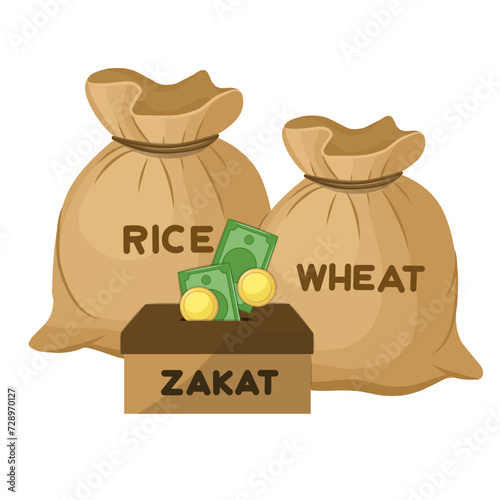 Zakat an Islamic Obligatory Charity. Vector Illustration of Wheat and Rice Grain Bags with Box of Coin and Paper Money