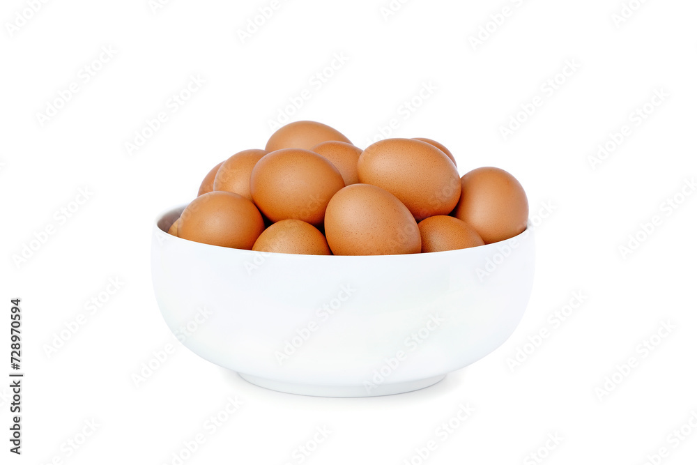 Fresh raw eggs from farm in bowl isolated on white background. Fresh raw eggs from farm in bowl isolated on white background.