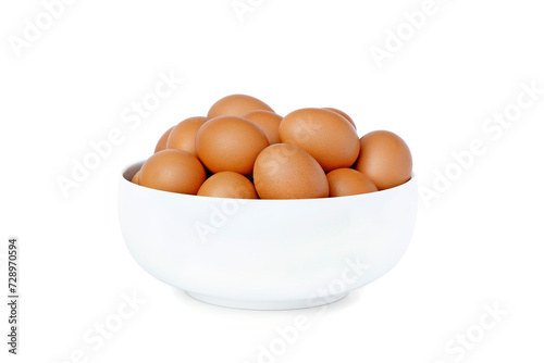 Fresh raw eggs from farm in bowl isolated on white background.
