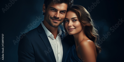 Beautiful young couple in evening clothes posing in the studio. Beauty, fashion.