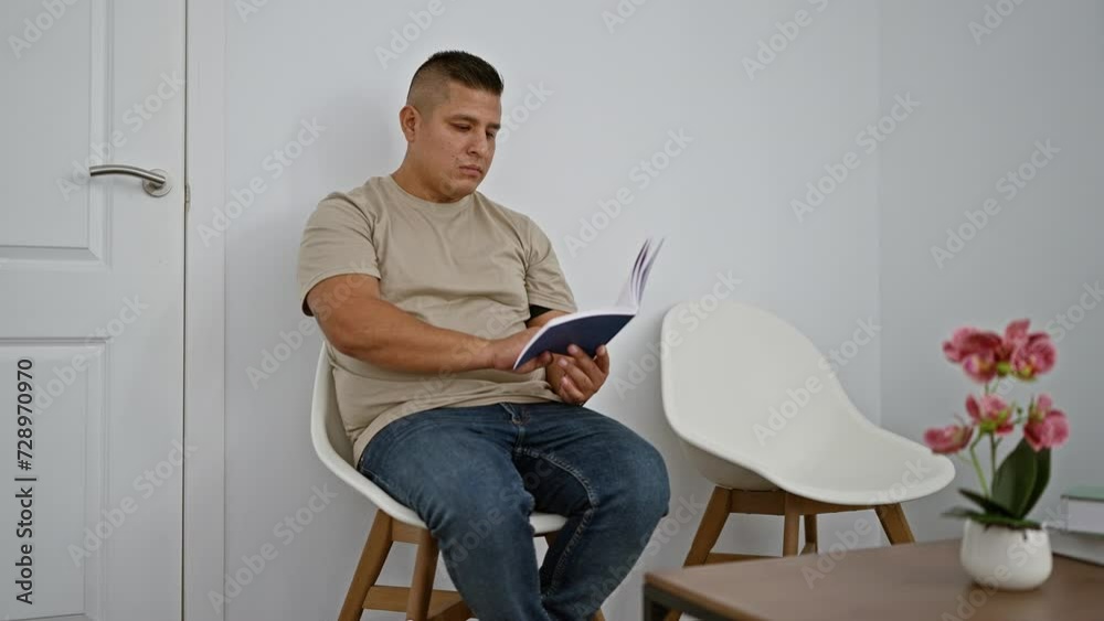 Handsome latin man, immersed in a book, comfortably sitting in a lobby chair. a young, relaxed adult with a serious face, his concentration held in a waiting room's interior.