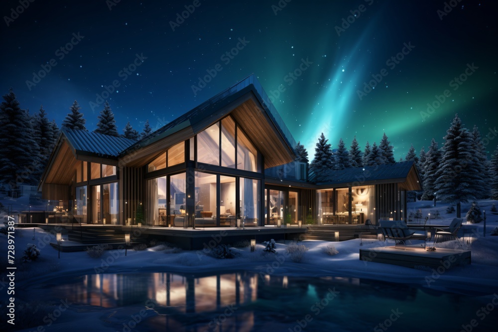 A resort with glass walls in the arctic with northern lights in the backdrop A resort with glass walls in the arctic with northern lights in the backdrop