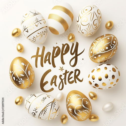 Happy Easter calligraphy greeting card with golden easter eggs background, Pascha or Resurrection Sunday
