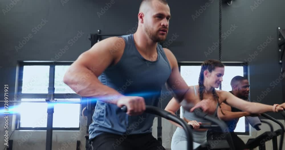 Fitness, spin class and man in gym for training, intense workout and exercise for health club. Sports, sweat and people on cycling equipment or machine for performance, endurance and cardio wellness