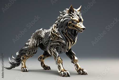 A metallic figurine of a wolf