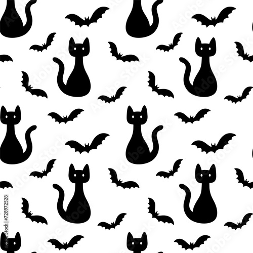 Seamless pattern for Halloween party with black cat and bat. Vector monochrome endless pattern on white. Cat silhouette