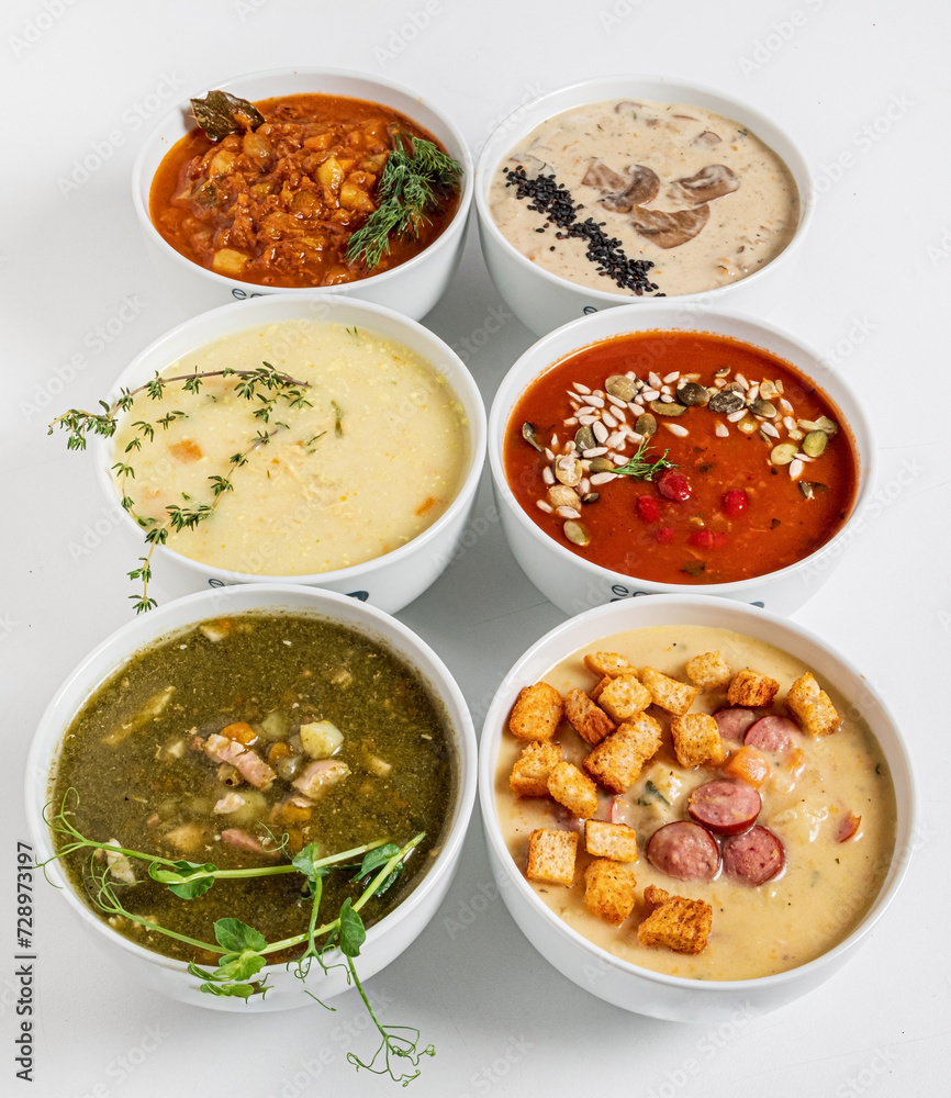 different kinds of soup, top view