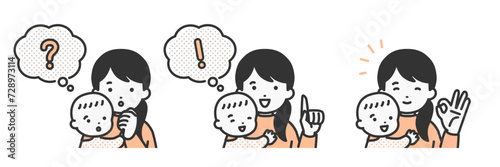 様々な表情とポーズをするお母さんと子供の人物イラスト素材