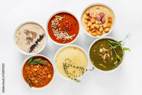 different kinds of soup, top view