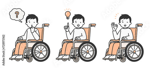 様々な表情とポーズをする車いすに乗った男性のイラスト素材