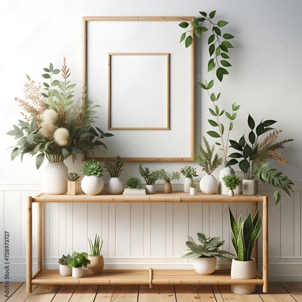Revitalize Your Living Space with a Modern Wooden Console Displaying a Single Empty Picture Frame and a Lush Assortment of Potted Houseplants and Textured White Vases for a Natural Aesthetic